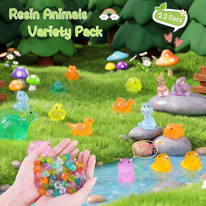 220pcs Mini Resin Animals - Resin Animals Mystery Bags,Individually Wrapped Blind Bags Tiny Animal Figurines for Dollhouse, Fairy Garden, Aquarium, Party Favors & DIY Craft Decor