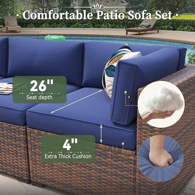 Aoxun 11 Piece Patio Furniture Set Wicker Rattan Patio Conversation Set Outdoor Sectional Sofa Set with Coffee Table and 4” Thickened Cushions, Blue