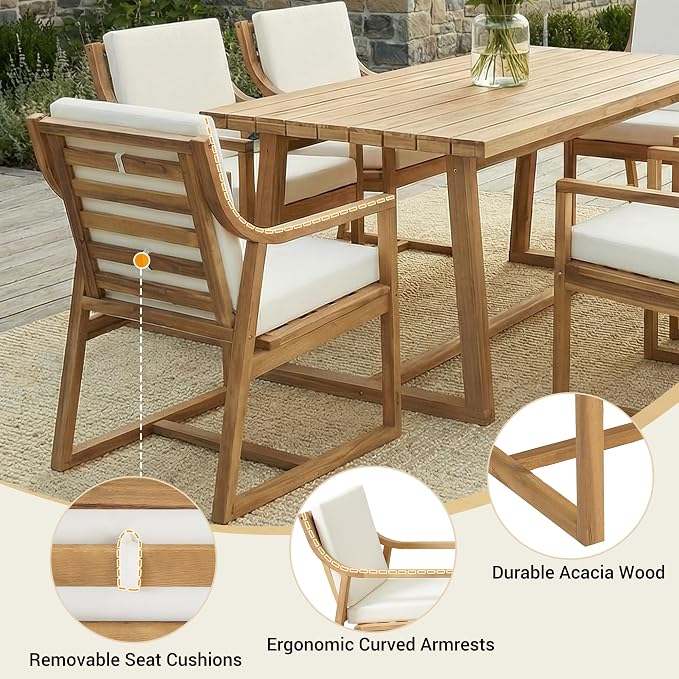 RUNNA Outdoor Dining Set 7-Piece Outdoor Dining Set Patio Table and Chairs Set Modern Outdoor Furniture Set for Patio, Backyard,Garden (Teak+ Beige#31)