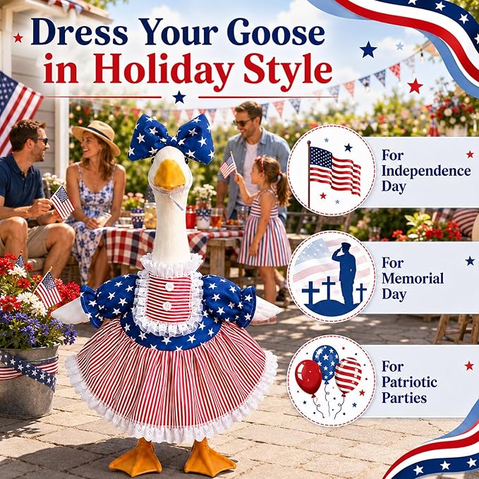 4th of July Red White Blue Porch Goose Outfits, USA Patriotic Costumes for 23 Inch Lawn Goose, 250th Independence Day Summer Sculpture Goose Clothes for Patriotic Celebrations