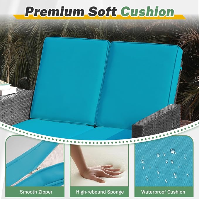 LVUYOYO 5 Piece Patio Furniture Set, Patio Wicker Conversation Set with Ottoman, Outdoor Chaise Lounge Chair with Side Table & Adjustable Backrest for Pool Backyard Garden (Black Wicker Green Cushion)