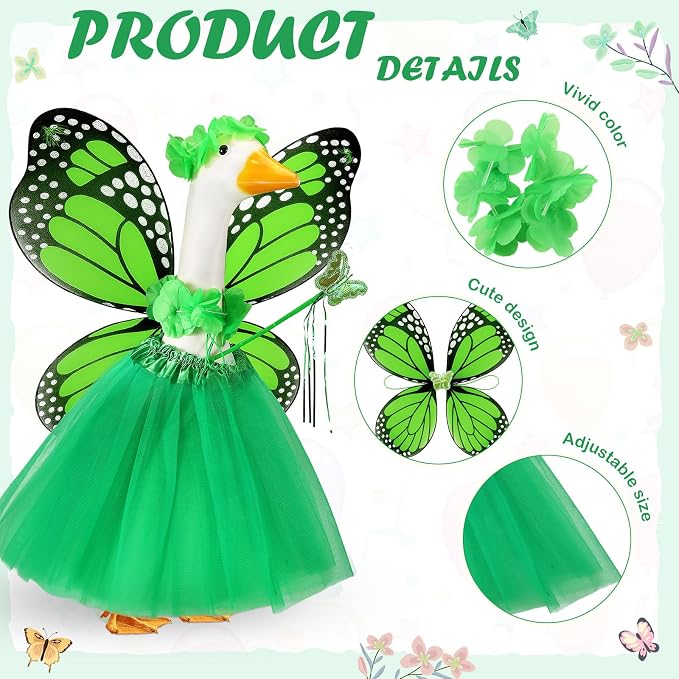 5pcs Butterfly Porch Goose Outfit Costume Tutu Skirt Butterfly Wing Wand Flower Crown for 17‘' 23‘' Cement Goose