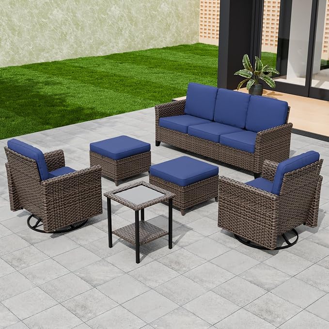 COOS BAY Harbor Retreat 6 Piece Outdoor Furniture Set, Patio Conversation Set with Swivel Rocking Chairs, 3 Seat Couch, Side Table and Ottomans, Wicker Furniture, Brown/Blue
