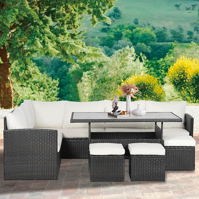 Outdoor Dining Sets 7 Pieces Patio Dining Table Set 9 Seats Rattan Outdoor Furniture Set with Glass Dining Table Sectional Sofas Ottoman Cushions for Patio Backyard Poolside Outdoor, Khaki