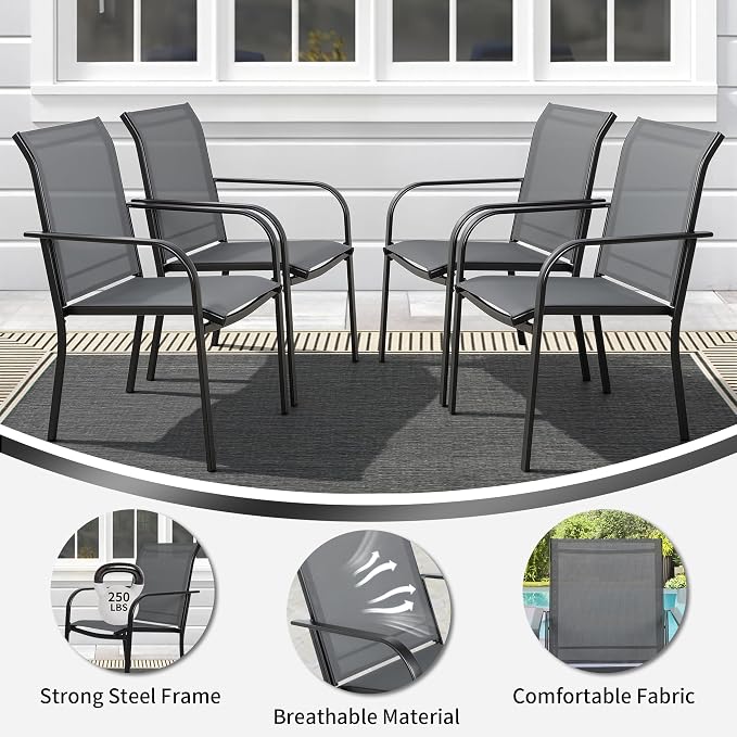 SUNCROWN 6 - Piece Outdoor Dining Set, Patio Furniture Set with 4 Textilene Dinning Chairs, 1 Steel Slat Metal Bistro Table and 1 Sky Blue 9Ft Patio Umbrella for Lawn Garden Backyard Deck, Grey