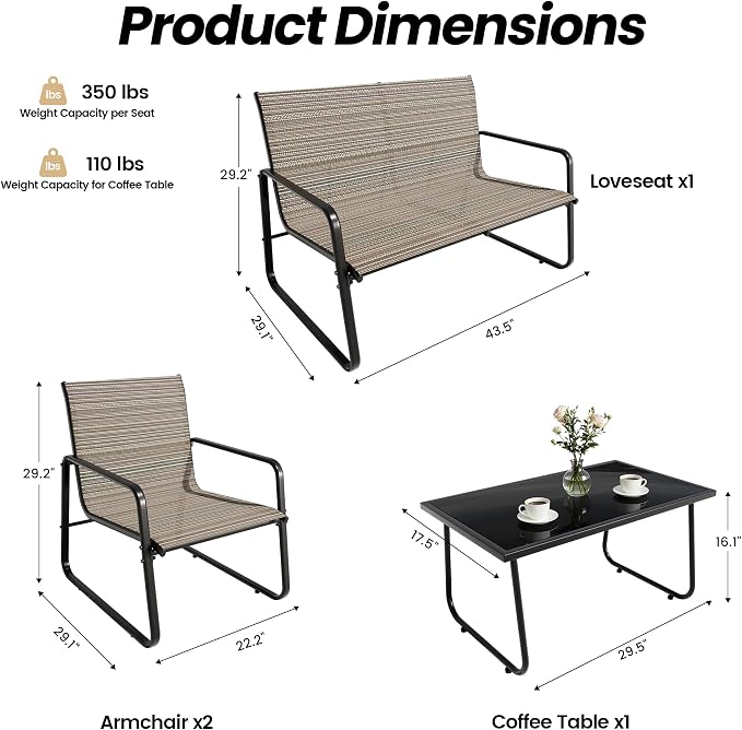 Gotland 4-Piece Outdoor Patio Furniture Set, Textilene Fabric Metal Patio Conversation Set with Loveseat 2 Chairs Tempered Glass Coffee Table, Patio Set for Backyard, Lawn, Porch, Pool, Garden, Brown