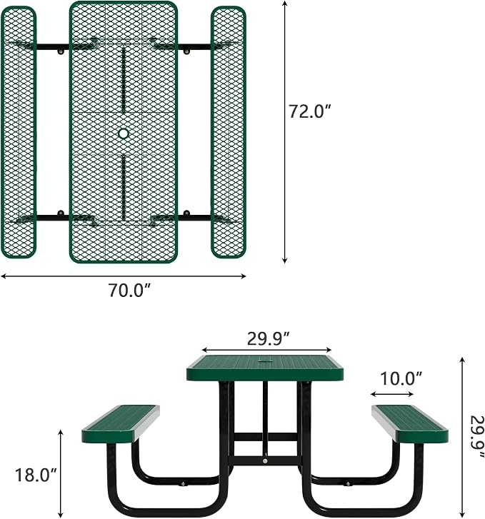 Picnic Tables for Outdoors,Commercial Metal Picnic Table Bench Set with Umbrella Hole,School Canteen Tables W/Seats - Heavy Duty Sturdy Picnic Tables Furniture for Patio Garden (Green, 6FT)