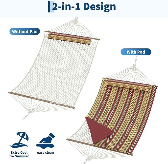Rope Hammock for Outside, 12FT Double Spreader Bar Hammock for 2-Person, Quilted Outdoor Hammock with Detachable Pillow, Side Storage Pockets & Carabiners, 450 lbs Capacity for Yard, Patio, Garden