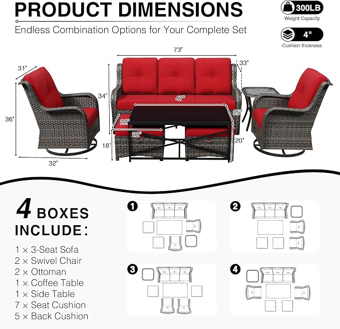 Joyside 7 Piece Wicker Patio Furniture Set, Outdoor Swivel Rocker Patio Chairs with High Back, Deep Seating, Wide Armrest, Thickened Cushions, Outdoor Furniture for Deck, Porch Use