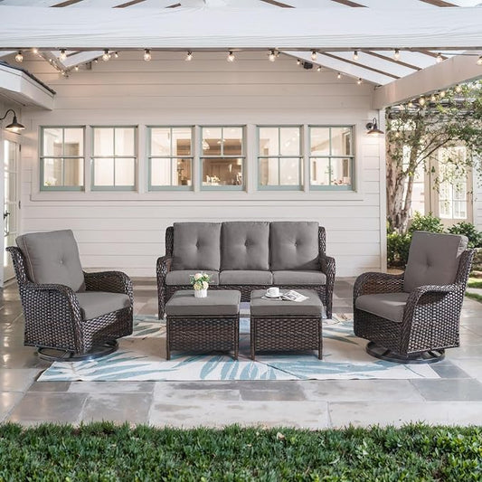 Belord 5 Piece Wicker Patio Furniture Set, Outdoor Swivel Rocker Chairs Set of 2 with Ottomans and 3 Seater Sofa, All Weather Patio Conversation Furniture Set, for Porch Pool, Brown Wicker/Gray