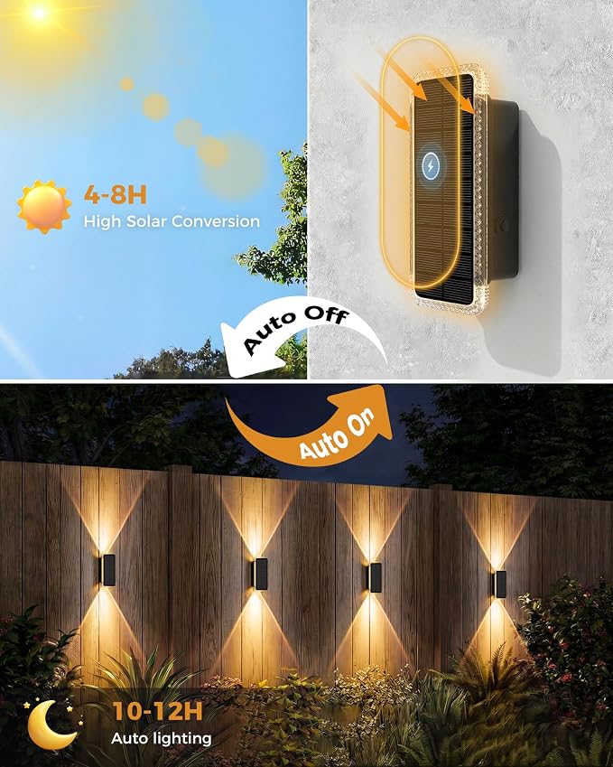 Solar Fence Lights Outdoor 8 Pack, 5CCT(3000K-6000K) Up and Down Solar Wall Lights, IP65 Waterproof Dusk to Dawn Fence Lights Solar Powered for Patio, Porch, Backyard, Garage, Wall Decor