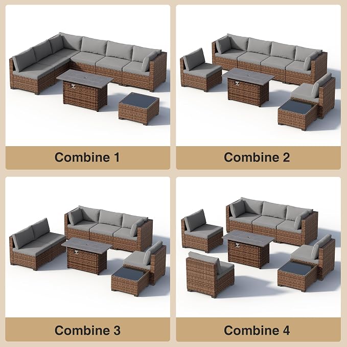 Qsun 8 Pieces Outdoor Patio Furniture Set with 44.9" Fire Pit Table, All-Weather Wicker Outdoor Patio Sectional Set with Coffee Table, for Garden Backyard