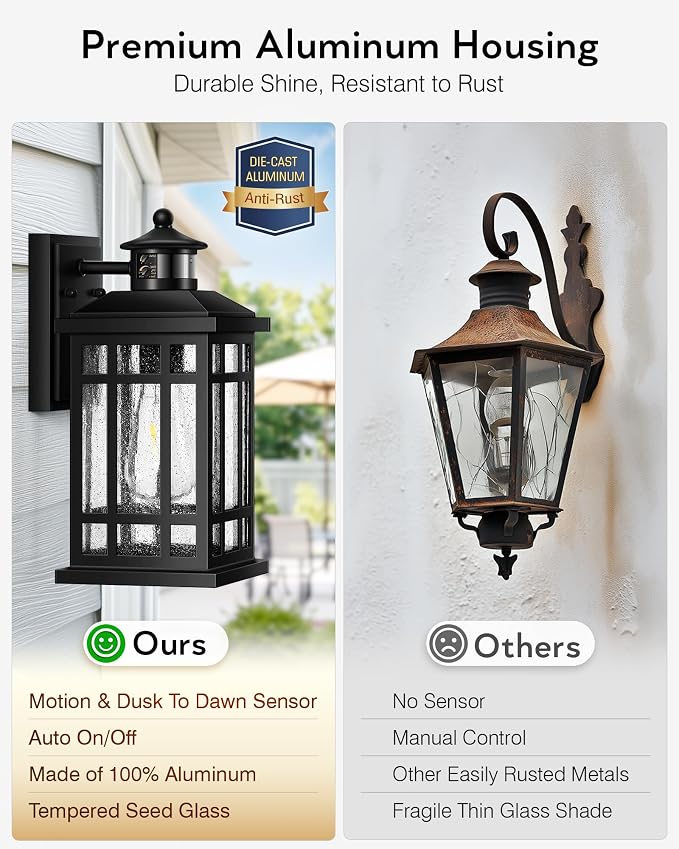 Motion Sensor Outdoor Light Adjustable Sensing Range, 2 Pack Black Dusk to Dawn Exterior Lighting Fixtures with Seed Glass, Aluminum Anti-Rust Outside Lights for House Garage Doorway Garden
