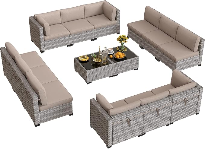 12-Seat Modular Patio Furniture Set – Outdoor Wicker Sectional Sofa with Thick 4″ Cushions, Dual-Strand PE Rattan, Rust-Resistant 18 mm Steel Frame, Backyard Garden Deck Lounge,Beige