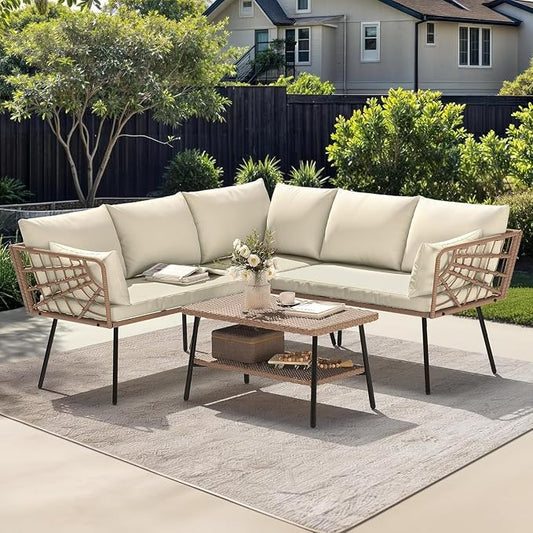 4PCS Patio Furniture Set Featuring L Shape Rattan Sectional Sofa with Thick Cushions, Two-Tier Coffee Table, Boho Outdoor Couch Conversation Set for Backyard, Garden, and Patio Seating