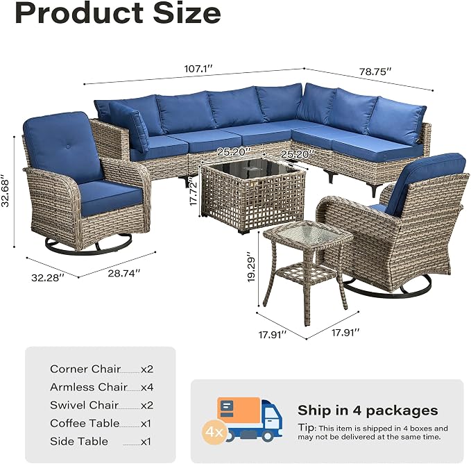 10 Pieces Outdoor Sectional Patio Furniture Set with Swivel Rocking Chairs,Wicker Conversation Sets Rattan L Shaped Couch,Modular Outdoor Sofa for Porch Balcony Backyard Navy Blue