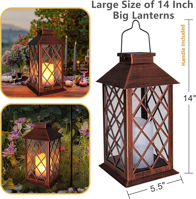 [2 Pack] TAKE ME 14" Solar Lantern Outdoor Garden Hanging Lantern Waterproof LED Flickering Flameless Candle Mission Lights for Table,Outdoor, Mothers Day Gifts Mom Wife
