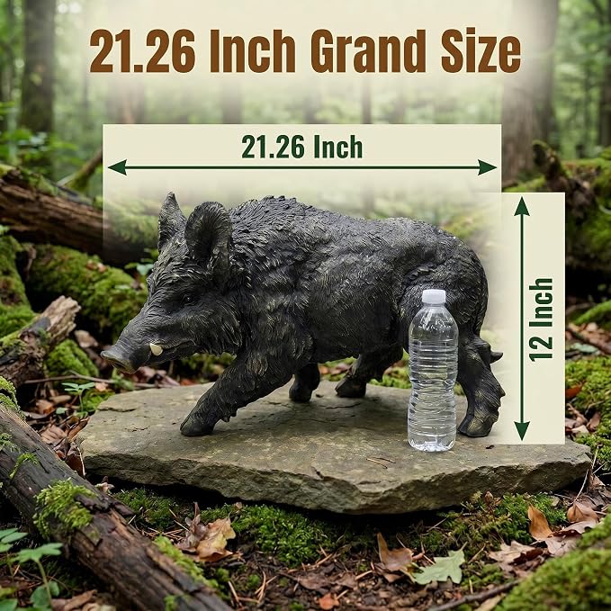 Rustic Wild Boar Garden Statue, Black, 21.26 Inch Resin | Animal Sculpture, Textured Fur & Prominent Tusks, Outdoor Ornament, For Lawn, Patio & Woodland Landscape