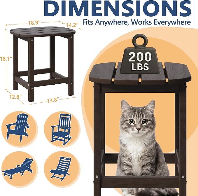 Outdoor Adirondack Side Table for Patio Porch Pool, 18" HDPE Weather Resistant End Table for Backyard and Indoor Use, Easy Maintenance & Indoor Outdoor Durable Construction(Coffee)