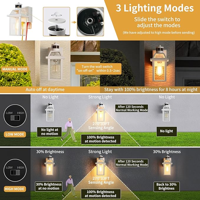 Yisuro Porch Lights with GFCI Outlet, Dusk to Dawn Motion Sensor Outdoor, 3 Lighting Modes Exterior Light Fixture, Outside for House Front Door Patio Garage(White)