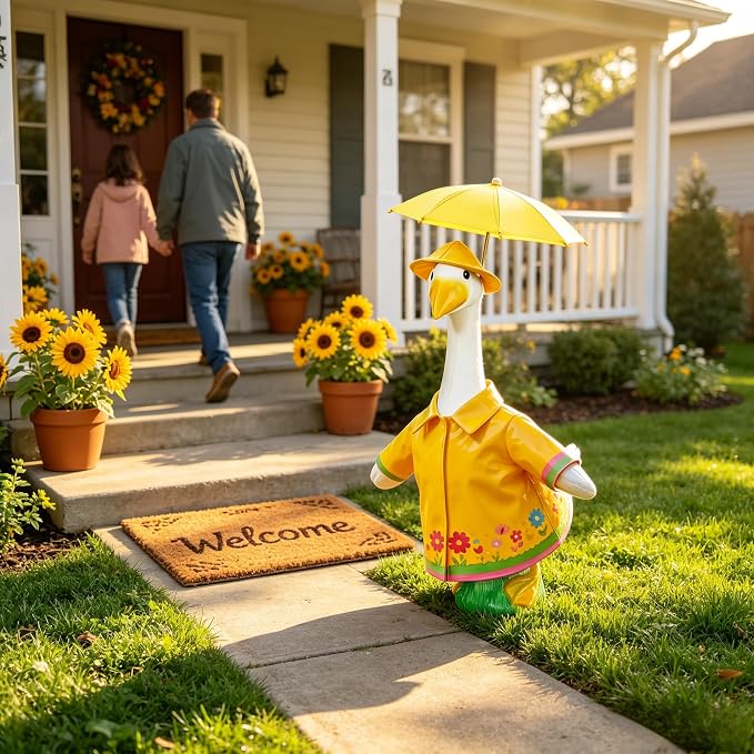 Raincoat Porch Goose Outfits, Summer Lawn Goose Statue Raincoat Costume, Cement/Plastic Goose Clothes Raincoat Umbrella Hat, 3-Piece Set for 23" Yard Goose Statue Patio Garden Decoration
