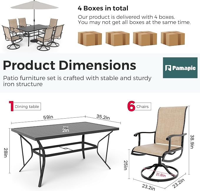 7-Piece Outdoor Dining Set, Patio Furniture Set with Textilene Swivel Chairs, Outdoor Table & 6 Chairs for Garden, Backyard, Poolside, Deck, Beige