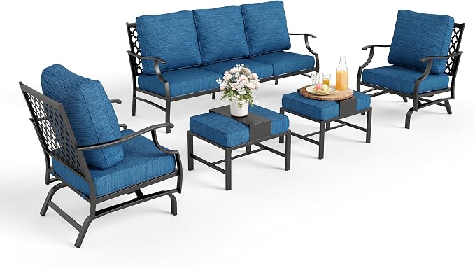MIXPATIO Patio Furniture Set 5 pcs, Outdoor Patio Furniture, 3-Seat Sofa, 2 Rocking Chairs, 2 Ottomans and 5.75" Extra Thick Cushion, Conversation Set for Backyard Deck,Gemstone Blue