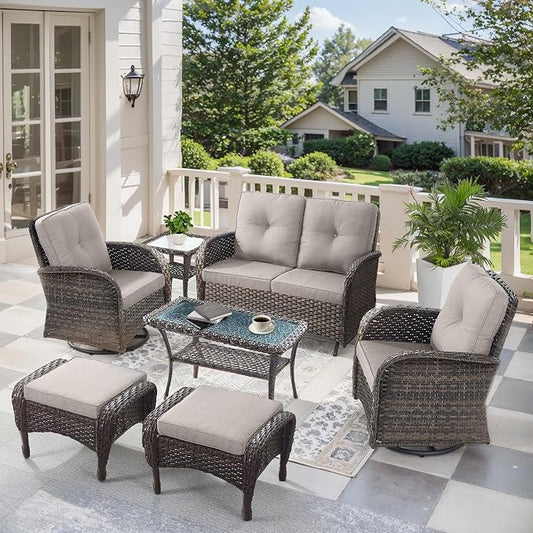 7 PCS Modern Wicker Patio Conversation Sets - Outdoor Swivel Chairs & Glider Loveseat - Ergonomic, Stainless Steel Frame - Brown/Beige