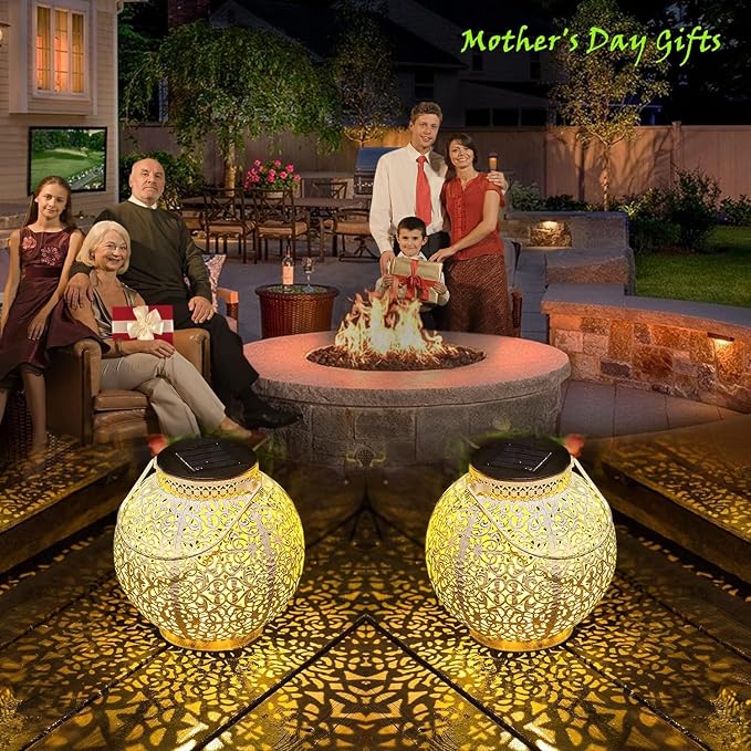 2 Packs White Solar Lanterns Outdoor Waterproof Garden Laterns Metal Retro Lights for Mothers Gifts Mom Wife Grandma Birthday Gifts (White Set of 2)