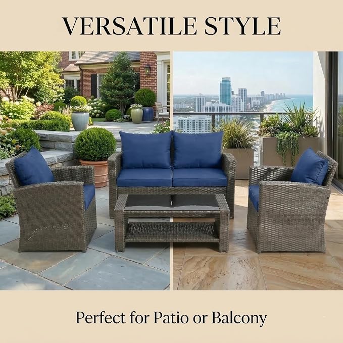 4 Pieces Outdoor Patio Furniture Set, PE Wicker Patio Conversation Set with Cushions and Tea Table, All-Weather Outside Rattan Sectional Sofa for Backyard,Porch, Garden, Balcony, Navy