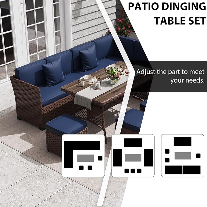 KIGOTY 7 Piece Patio Furniture Set, Outdoor PE Wicker Rattan Outdoor Dining Set, Patio Table and Chairs Set, Patio Conversation Sofa Set with Dining Table and Ottoman(Brown-Navy)