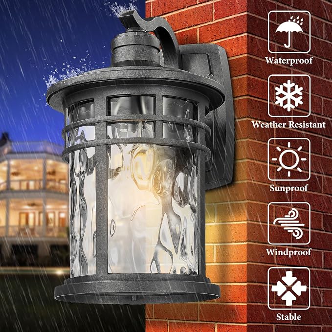 Darkaway 2pcs Large Outdoor Porch Lights Wall Mount, 15inch Outside Light Fixtures Sconces Wall Lighting with Water Ripple Glass Waterproof Exterior Lights for Patio Yard Garage