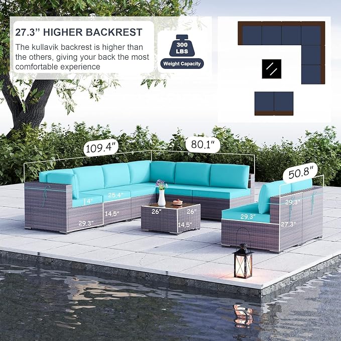 9 Pieces Outdoor Patio Furniture Set Brown Rattan Sectional Sofa with Manual Wicker, Cushions and Covers, Tempered Glass Tea Table Patio Conversation Set for Backyard Garden Lounge(Beige)