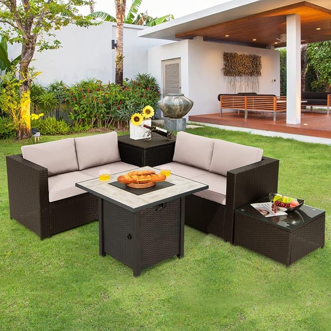 COSTWAY 5 Piece Patio Furniture Set with 30'' Fire Pit Table, Outdoor Wicker Rattan Loveseat Sofa with 4'' Thickened Cushions, 2 Side Tables, Sectional Conversation Set for Backyard (Beige)