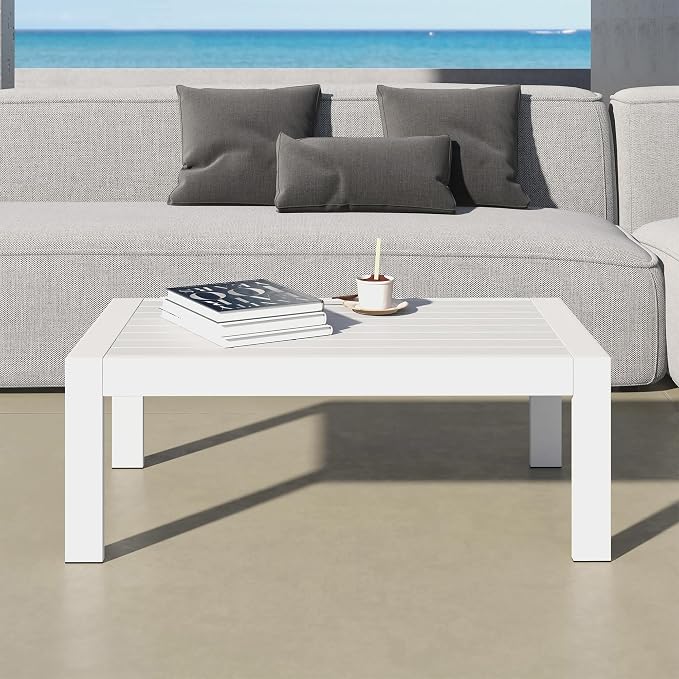 FansaFurn All-Weather Aluminum Outdoor Coffee Table, Modern Rectangle Patio Coffee Table for Balcony Garden, Light Grey