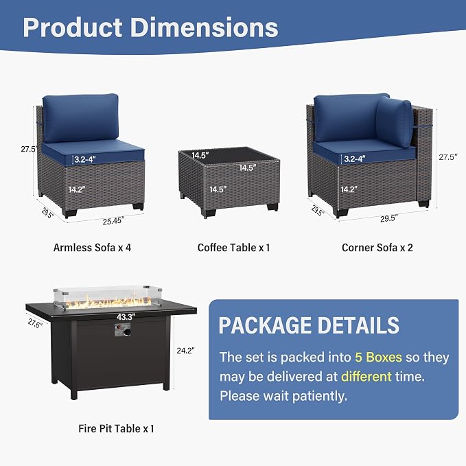 ALAULM 8 Pieces Patio Furniture Set with Aluminum Fire Pit Table Outdoor Furniture Sets 55000BTU Gas Fire Pit Brown PE Rattan Wicker Patio Conversation Sets w/6 Cushions-DarkBlue