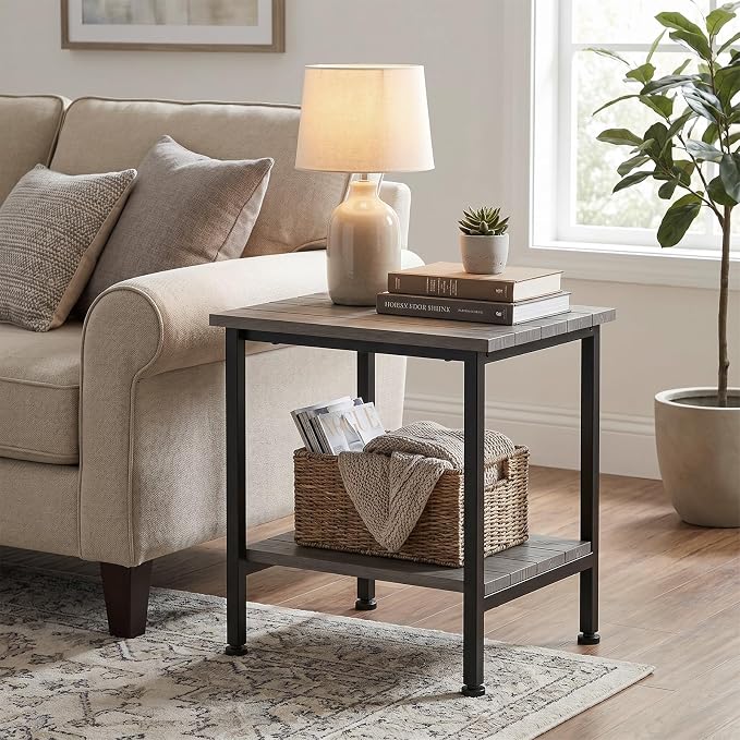 Outdoor Side Table Patio Table Small with Storage, Grey | 2-Tier Outdoor End Table, Weather Resistant, Easy Maintenance, for Patio, Pool, Beach, Porch, Deck, Indoor or Outdoor