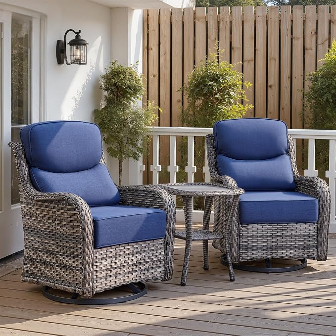 Belord Luxury 6" Thick Cushioned Outdoor Swivel Rocker Patio Chairs with Side Table, High Back Furniture Set with Ergonomic Zone Back, Wicker Conversation Glider Set for Deck Porch - Grey+Blue