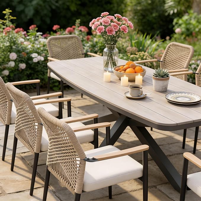 SUNSITT 9 Piece Outdoor Patio Dining Set, Patio Dining Furniture Set with 87” Aluminum Dining Table w/X Base Legs and 8 Woven Wicker Patio Chairs w/WPC Armrests for Garden, Dark Grey