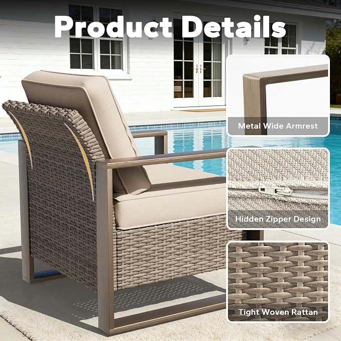 75" Patio Metal Wicker Sofa, All Weather Outdoor Rattan 3-Seat Sofa Couch with Premium Cushions & Rectangular Framed Wood-Looking Metal Armrest for Garden Backyard Porch Deck, Beige