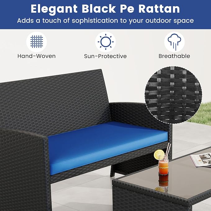 Tangkula 8 Piece Patio Wicker Furniture Set, Outdoor Heavy Duty Rattan Cushioned Chairs, Loveseat and Tempered Glass Coffee Table, for Backyard, Balcony, Poolside