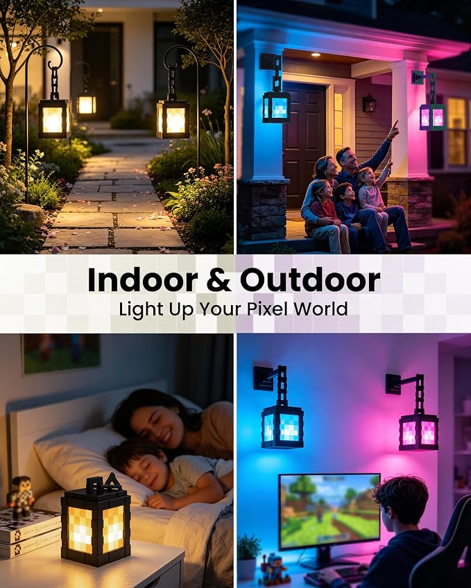 Pixel Solar Lanterns Outdoor, USB-C & Solar Hanging Light for Patio Decor | 17-Color RGB Table Lamp with Remote & Timer, IP66 Waterproof, Decor for Yard Garden Porch & Winter Camping, Gift for Gamers