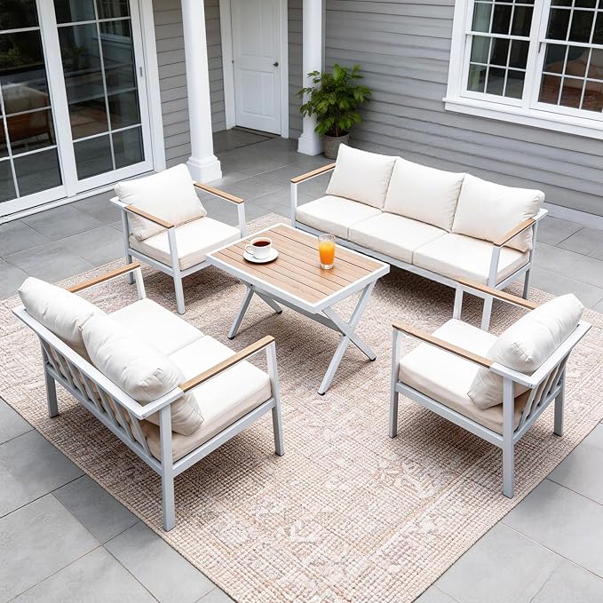 Aluminum Patio Sectional Furniture Set,5 piece Patio Conversation Sets Outdoor Patio Furniture Set Sofa with Coffee Table & Washable Cushions White