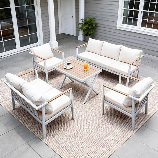 Aluminum Patio Sectional Furniture Set,5 piece Patio Conversation Sets Outdoor Patio Furniture Set Sofa with Coffee Table & Washable Cushions White
