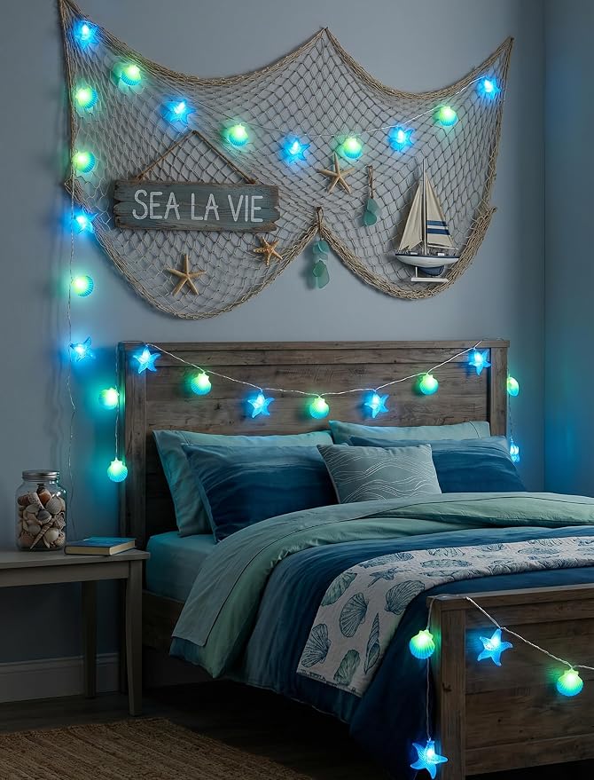 8.5Ft Beach Themed Seashell String Lights, 10L LED Starfish Seashell Lights | Plug in for Boho Coastal Bedroom Seashell Party Nautical Party Holiday Decor, Indoor Outdoor