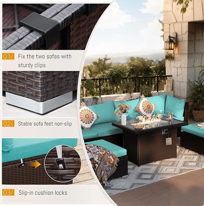 BULEXYARD 9 Pcs High Back Outdoor Sectional Set with Firepit Table, High-End Patio Furniture Seating Set, Big Oversized Wide Deep Modular 8-Seater Couch Sofa for Backyard, Brown Wicker & Teal Cushion