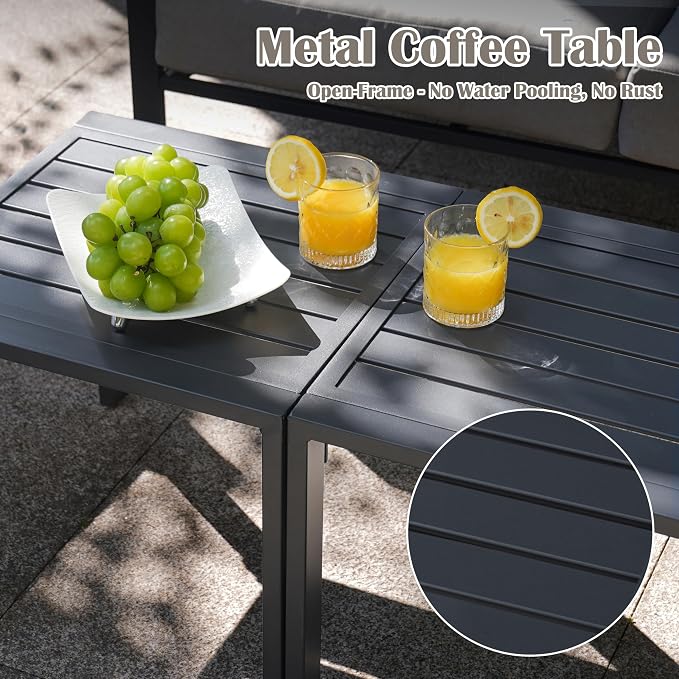 5 Pieces Rattan Outdoor Furniture Set, All-Weather Patio Conversation Set with Dark Grey Cushions and Coffee Tables for Garden, Backyard, Balcony, Poolside