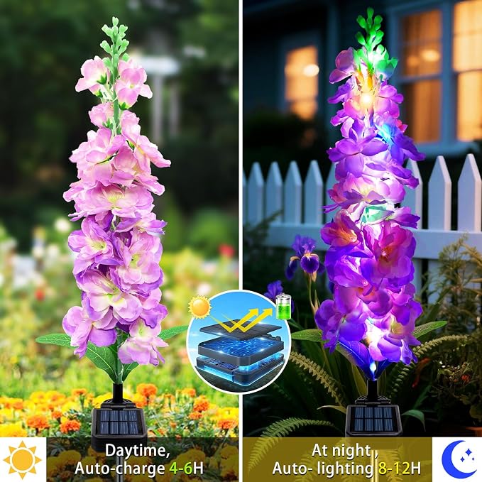 MRHEPHAESTUS Solar Garden Lights, Solar Purple Delphinium Flowers Lights 4 Pack 80 LEDs, Waterproof Outdoor Light Two Lighting Modes for Outside Wedding Party Garden Yard Patio Lawn Decor