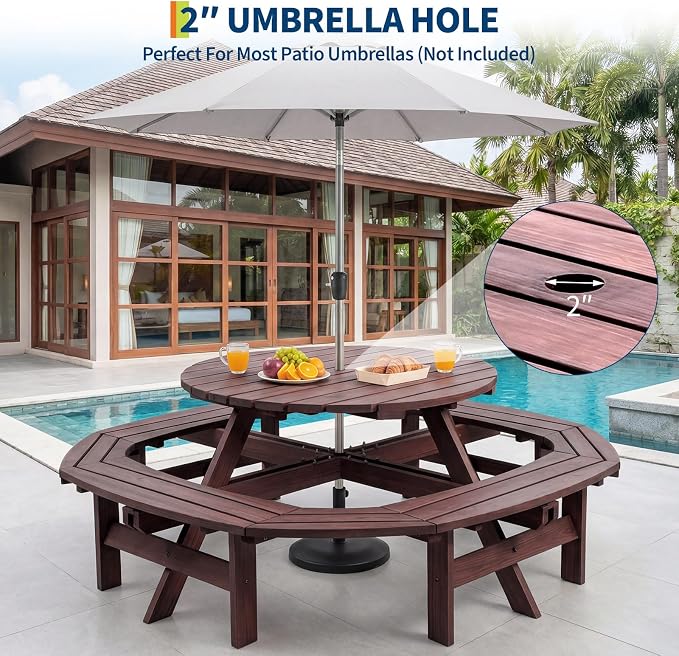 Garvee 8 Person Wooden Picnic Table, Outdoor Picnic Tables with 4 Built-in Benches, Circular Camping Dining Table and Chairs Set with Umbrella Hole for Garden, Patio, Backyard, Walnut Brown