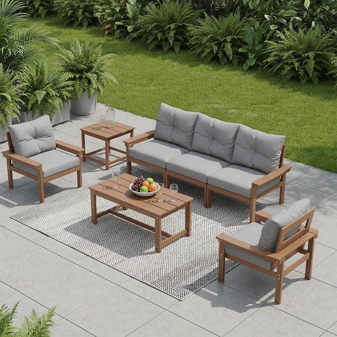 HDPE Patio Coffee Table, All-Weather Outdoor Coffee Table, Patio Conversation Sets for Lawn, Garden, Porch, Balcony, Deck, Teak